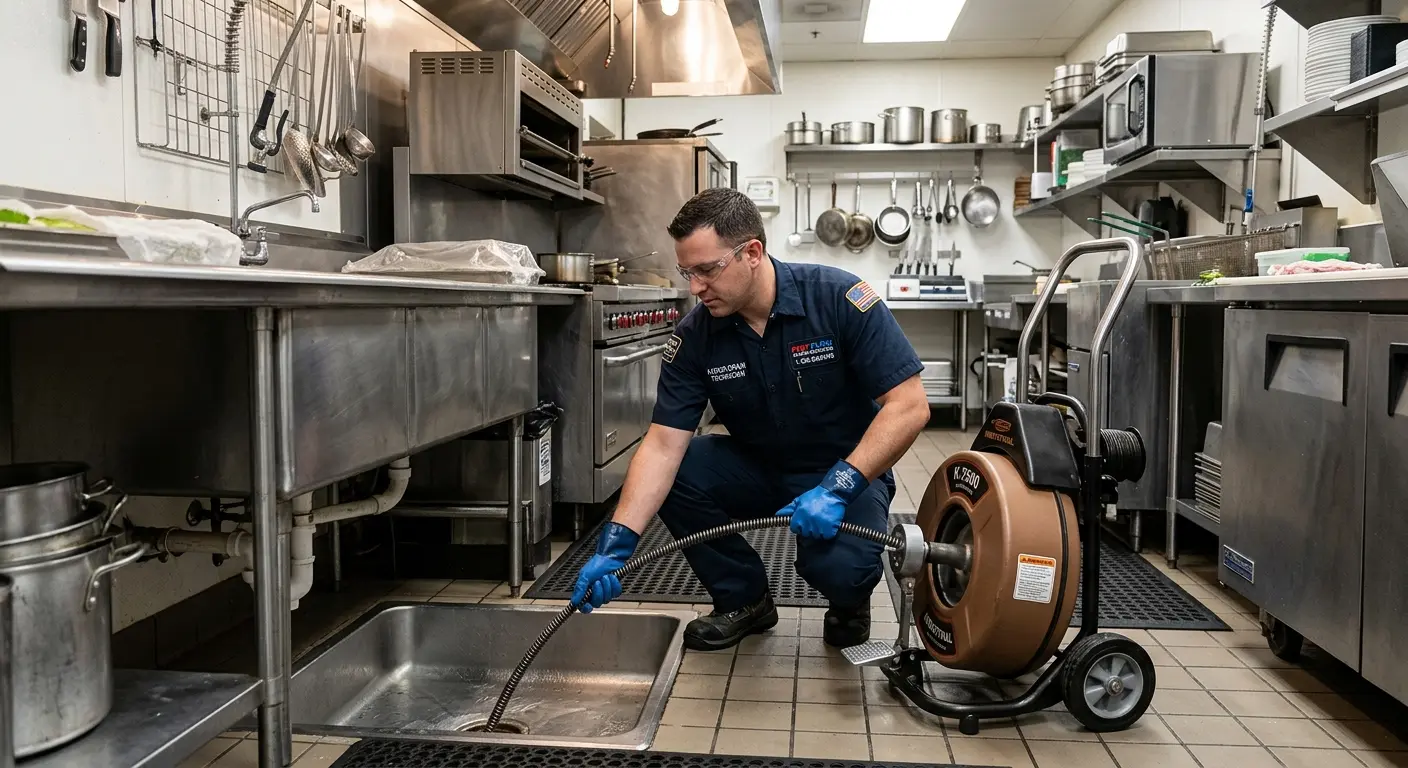 Commercial drain cleaning service in a restaurant kitchen in Manchester