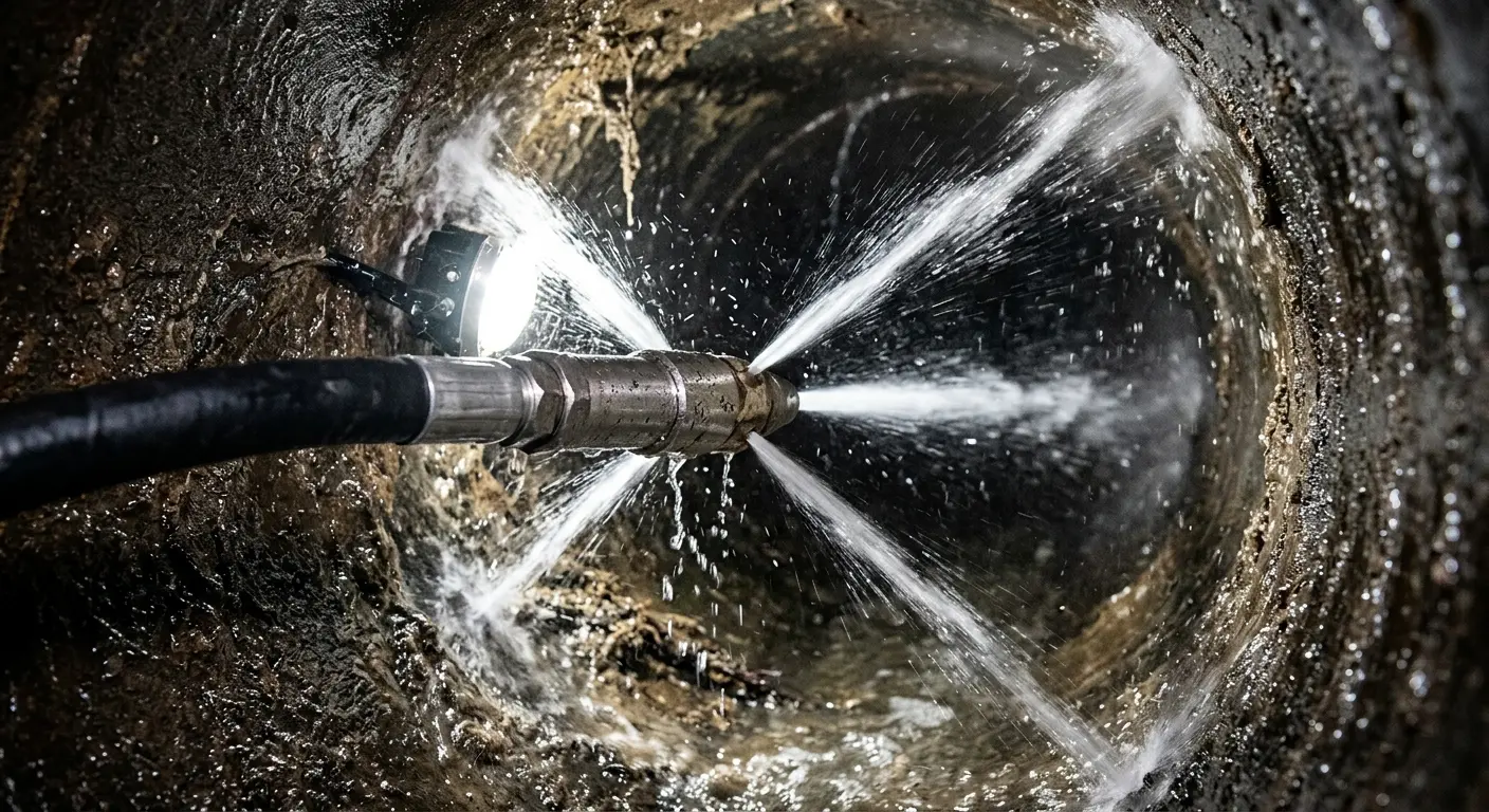 High-pressure hydro jetting nozzle cleaning sewer pipe for Trenchless Sewer Repair in Manchester